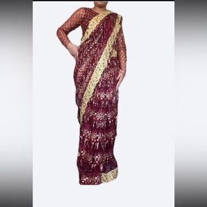 Elegant Burgundy and Gold Embellished Indian Saree